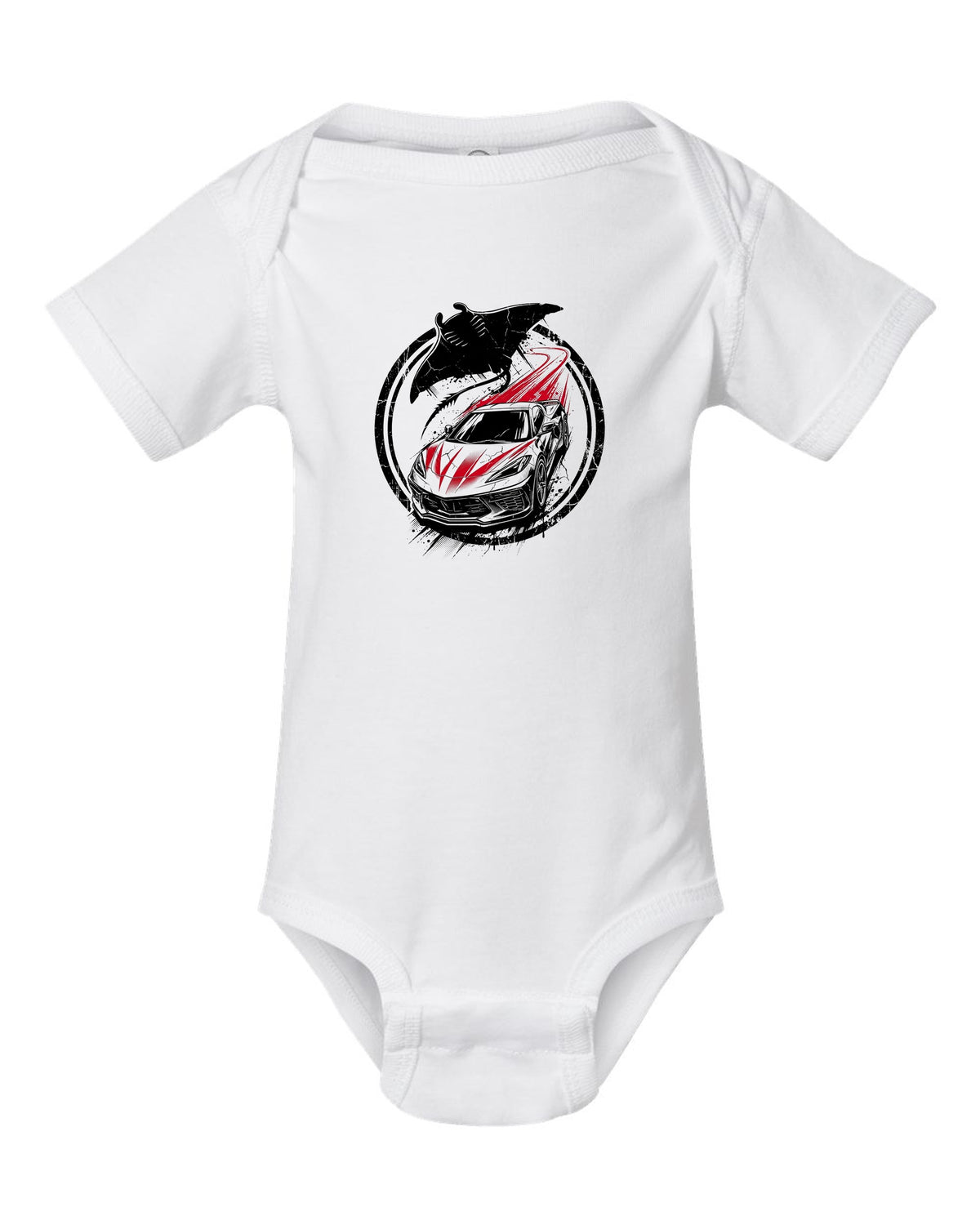 C8 Corvette Manta white baby onesie front view with the design