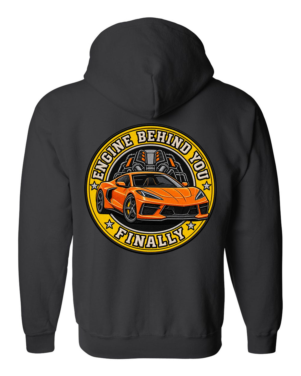 Varsity shield crest print of a 2020 Chevrolet Corvette C8 Stingray with engine behind you finally lettering black zip hoodie back view with the design
