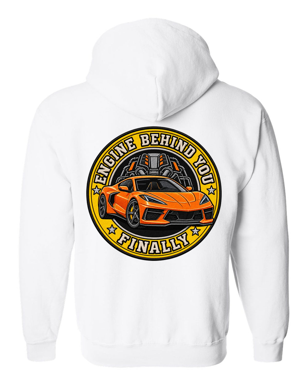Varsity shield crest print of a 2020 Chevrolet Corvette C8 Stingray with engine behind you finally lettering white zip hoodie back view with the design