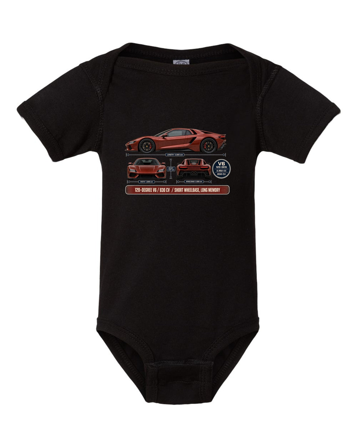 print three-view drawing with spec table of a Ferrari 296 GTB in brick red black baby onesie front view with the design