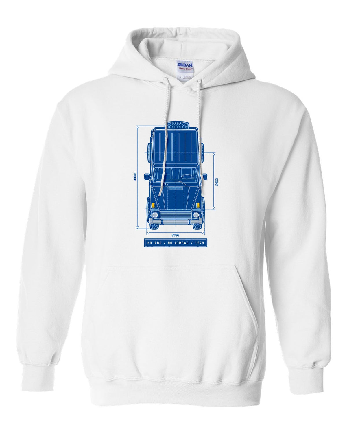 Neon synthwave taillights graphic of a Mercedes G63 W464 with exhaust exits text, print white pull over hoodie front view with the design