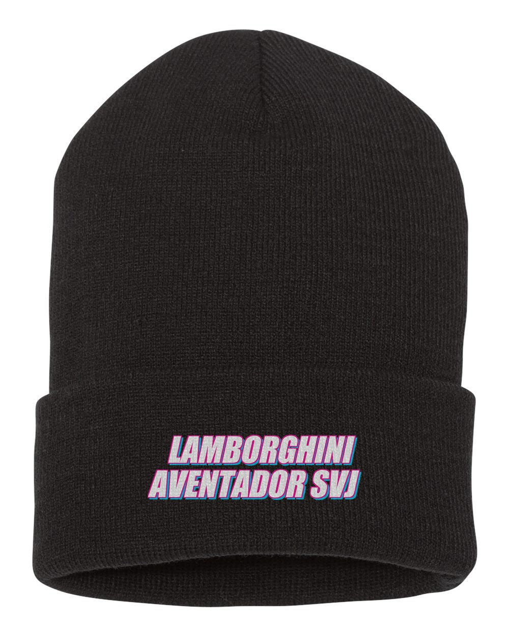 Lamborghini Aventador Svj black beanie front view with car name