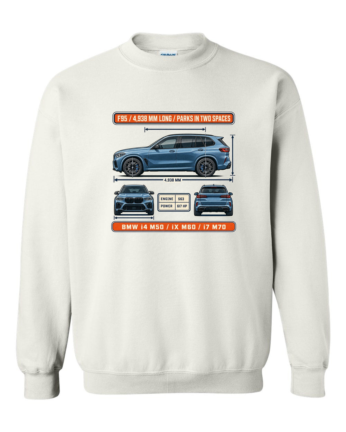 Dimension blueprint print of the BMW X5 M Competition F95 with 4,938 mm length white crewneck front view with the design