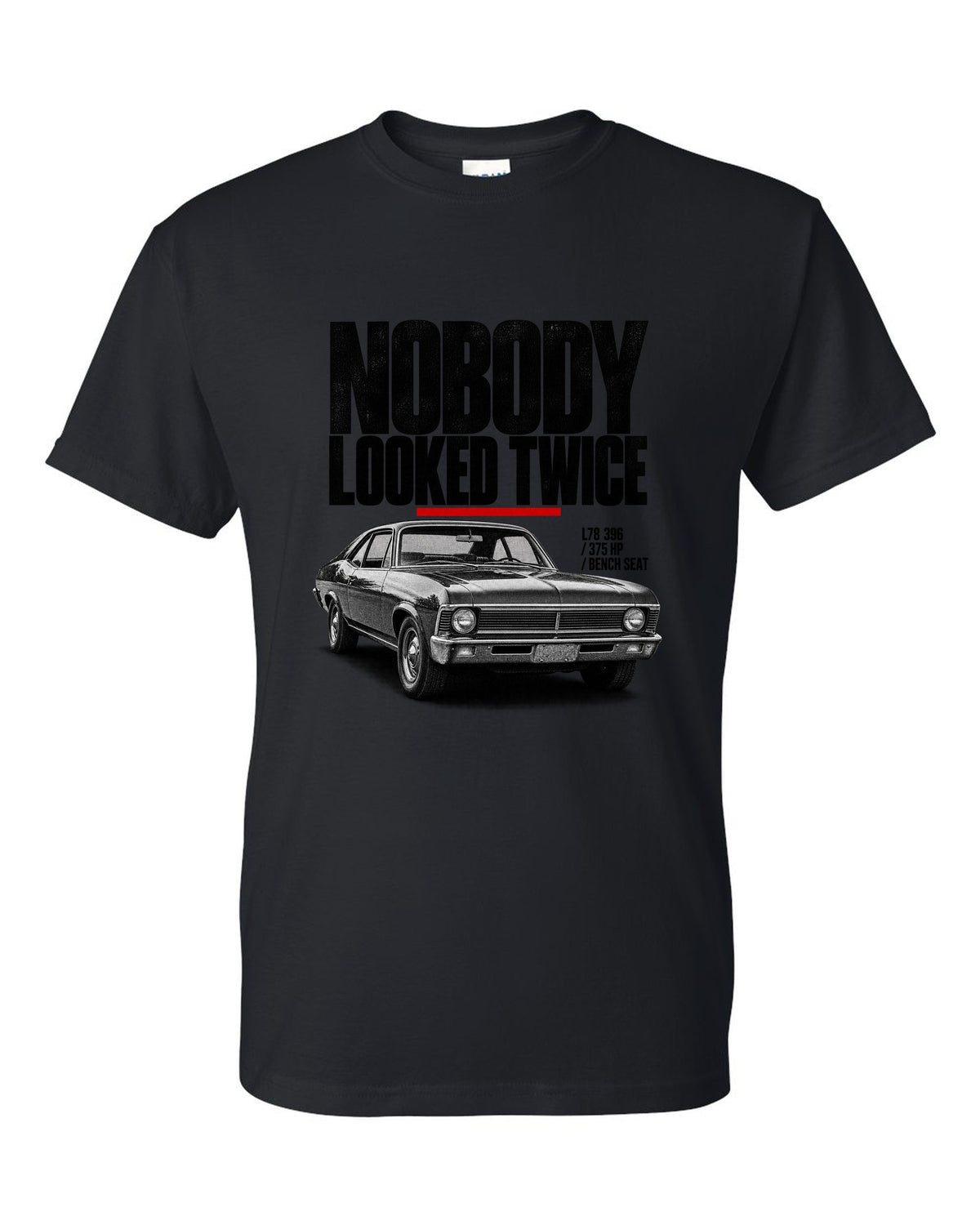 1969 Nova SS 396 halftone front three-quarter print with L78 396 specs black t-shirt front view with the design