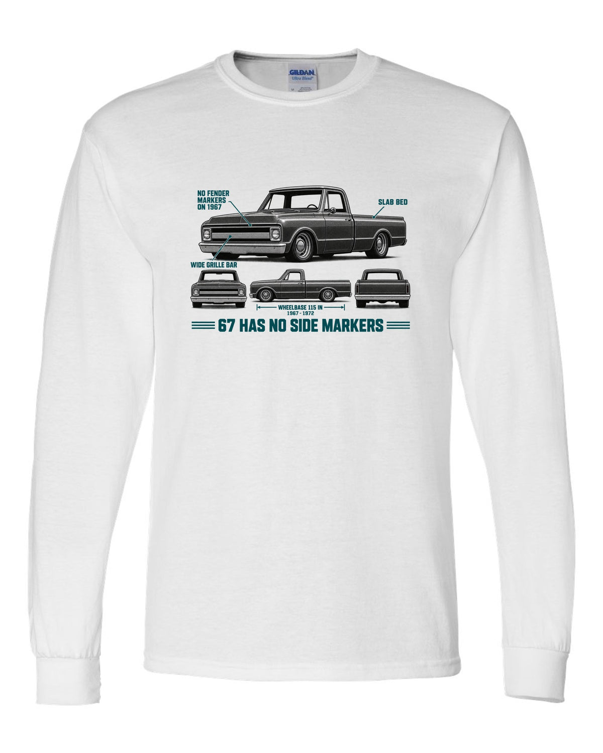 Chevrolet C10 Fleetside 1967-72 Spec Strip white long sleeve front view with the design