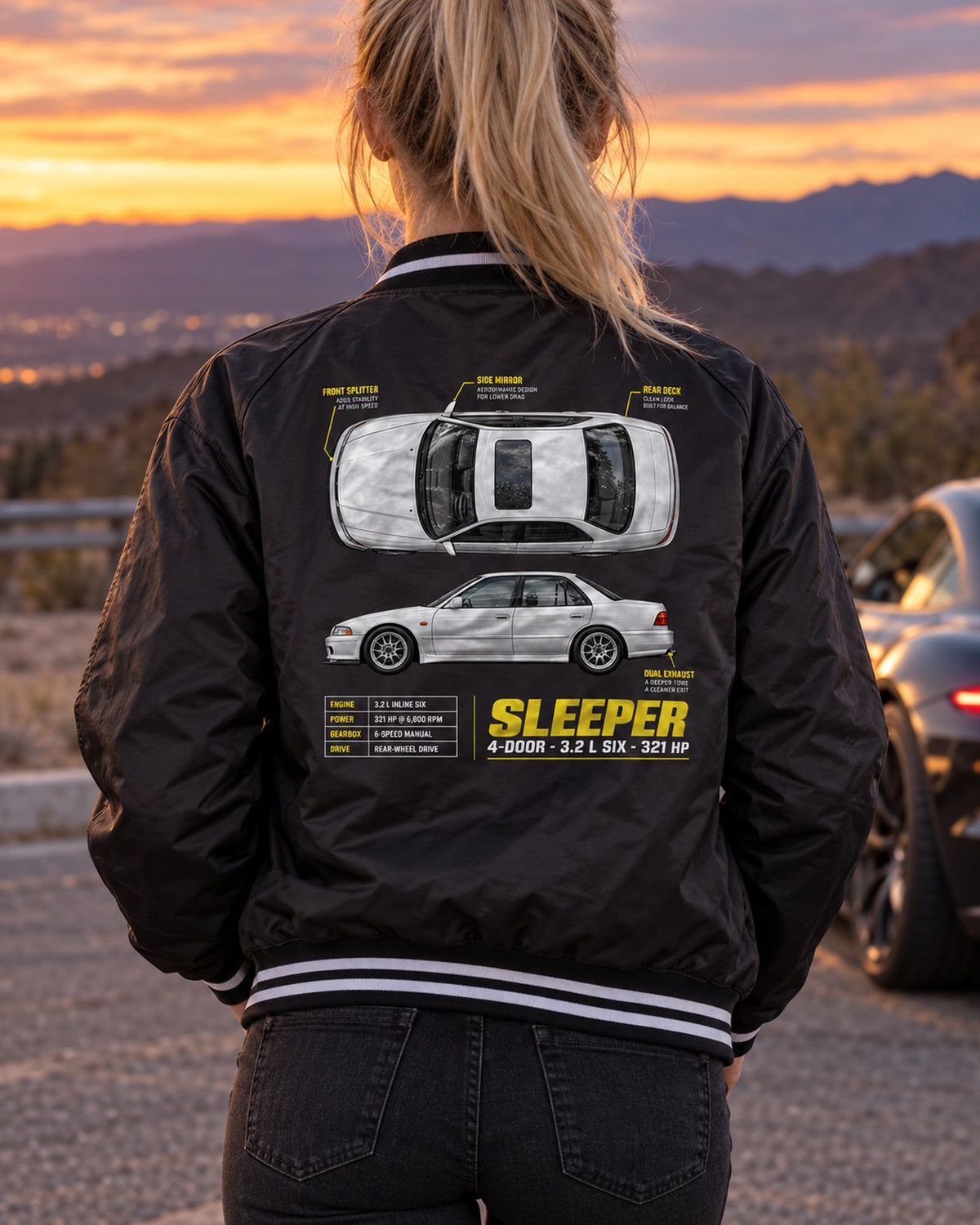 BMW E36 M3 Sedan Four-Door Sleeper Spec Poster Shirt Bomber Jacket Black worn hero