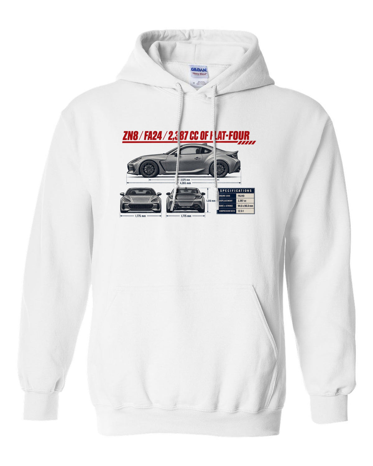 Three-view drawing with spec table of a Toyota GR86 ZN8, poster-style print white pull over hoodie front view with the design