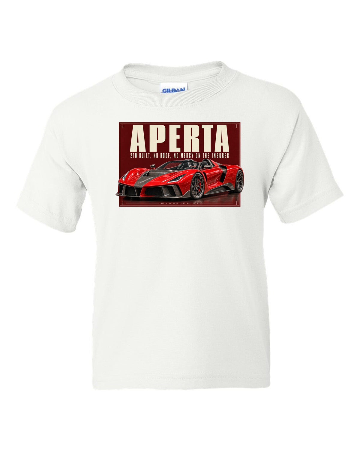 Ferrari LaFerrari Aperta editorial headline print, 210 built white kids tee front view with the design