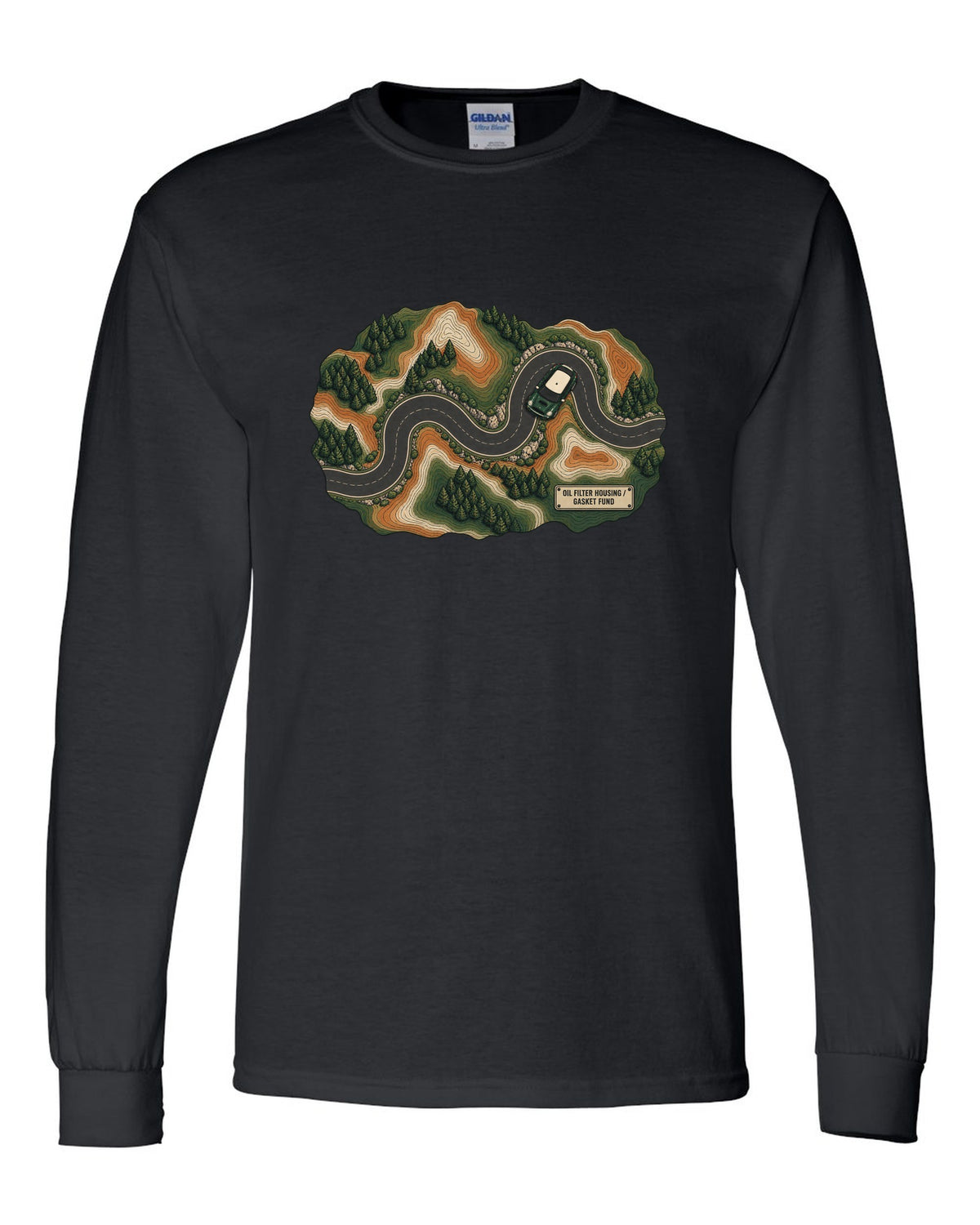 Topographic route map design of a Mini Cooper S R56 with gasket fund text black long sleeve front view with the design