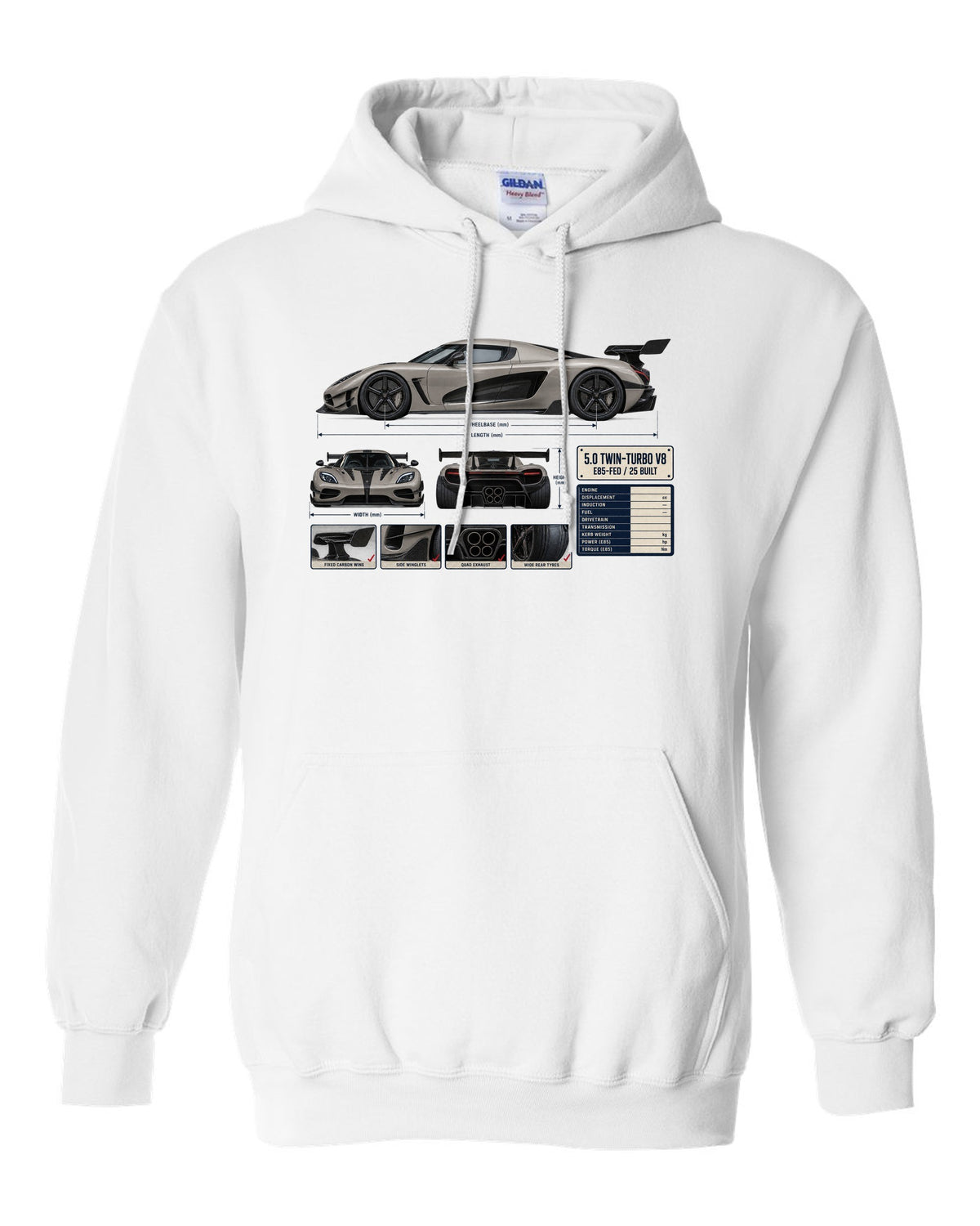 Three-view and spec table print of the Koenigsegg Agera RS with the text 5.0 twin-turbo V8, E85-fed, 25 built white pull over hoodie front view with the design
