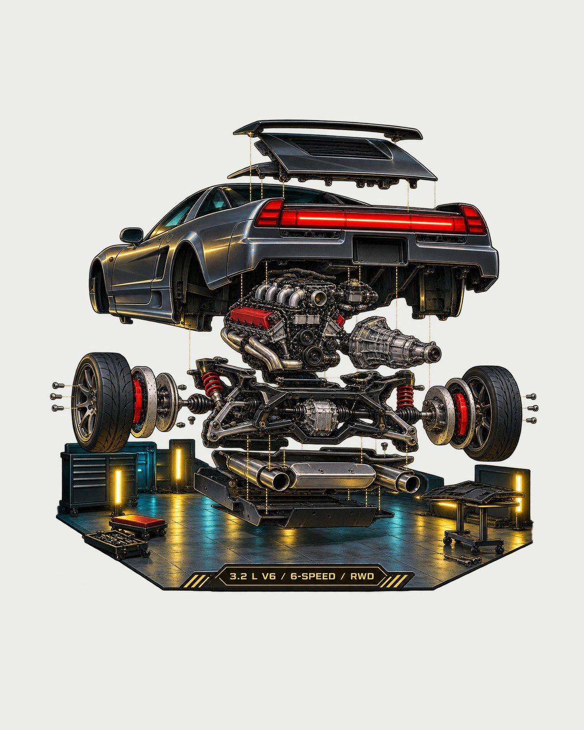 Honda NSX NA2 Isometric Exploded Diagram Shirt, 3.2 V6 design only