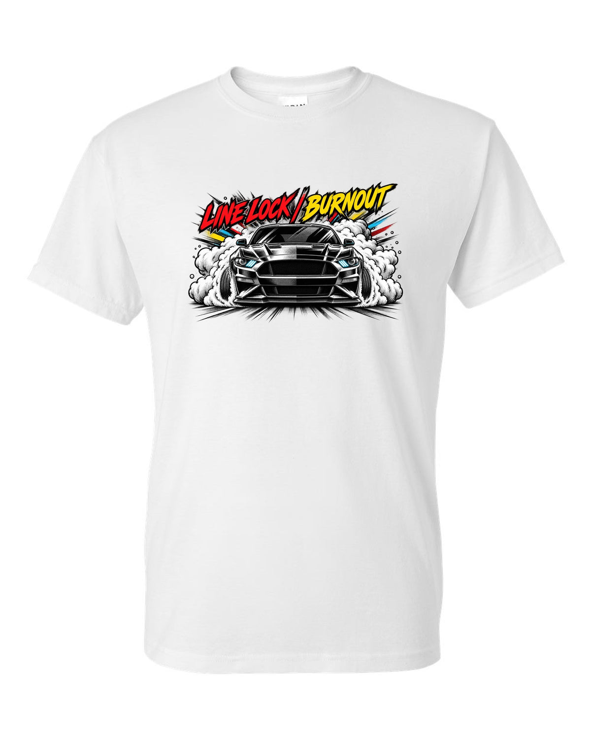 Varsity embroidery-style crest of an S550 Mustang fastback reading Yes, It's A Four white t-shirt front view with the design