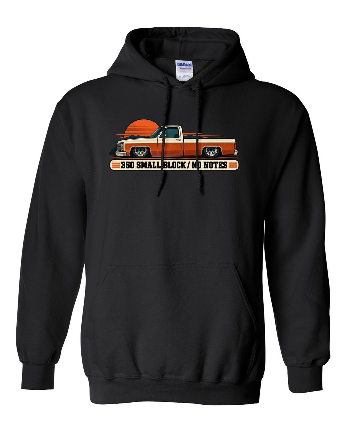 Retro two-colour halftone print of a dropped Chevrolet C10 Squarebody at dusk with 350 small block text black pull over hoodie front view with the design