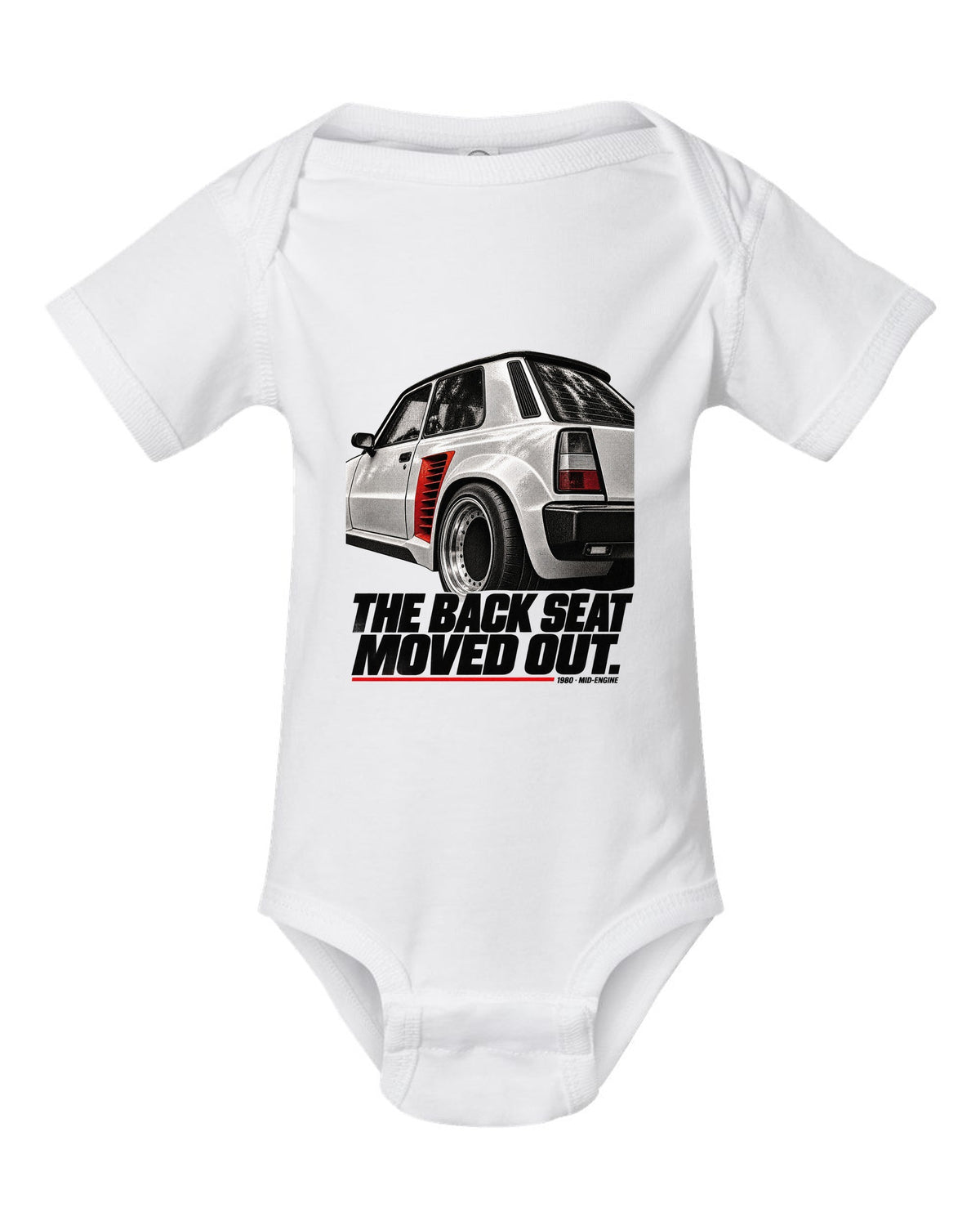 Renault 5 Turbo rear detail macro print with back seat caption white baby onesie front view with the design