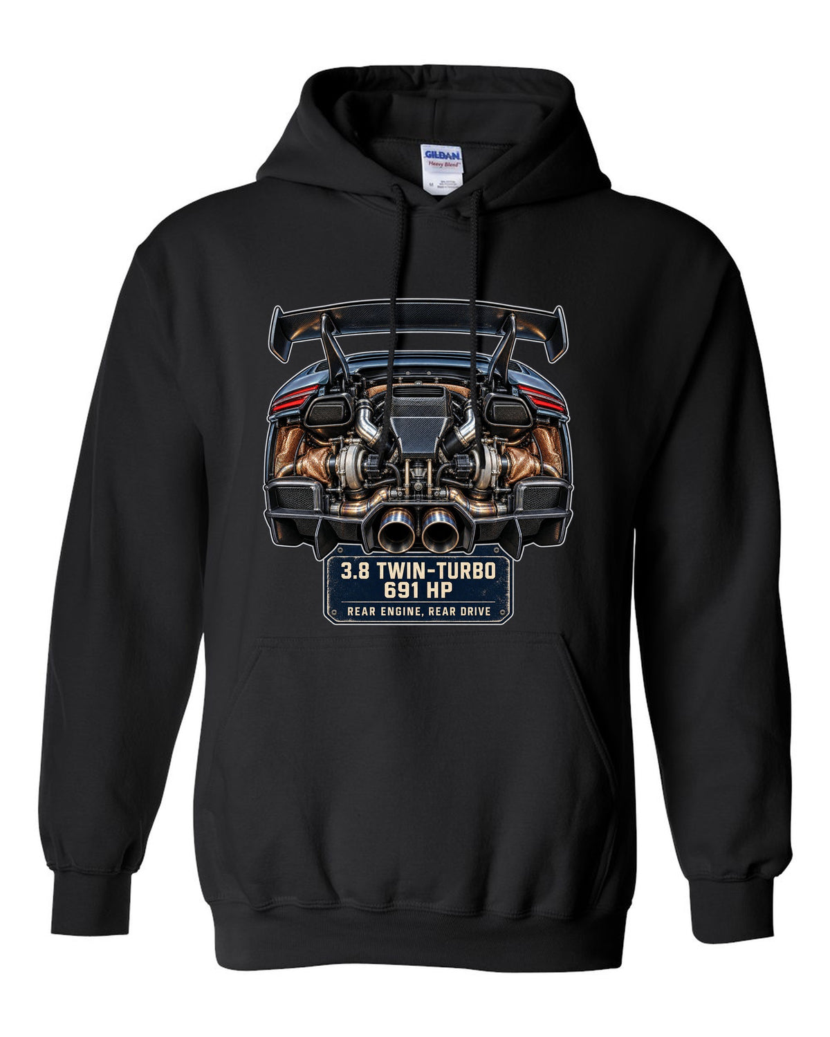 Engine hero print of a Porsche 911 GT2 RS 991.2 twin-turbo flat-six black pull over hoodie front view with the design
