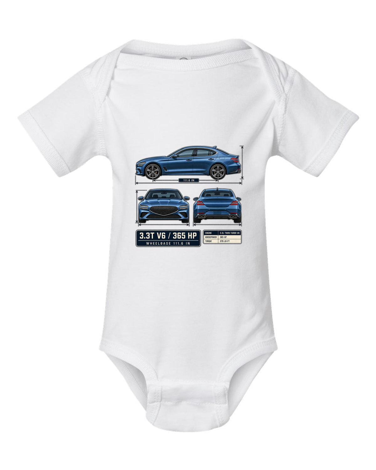 Dimension blueprint print of the Genesis G70 3.3T with V6 and 365 HP callouts white baby onesie front view with the design