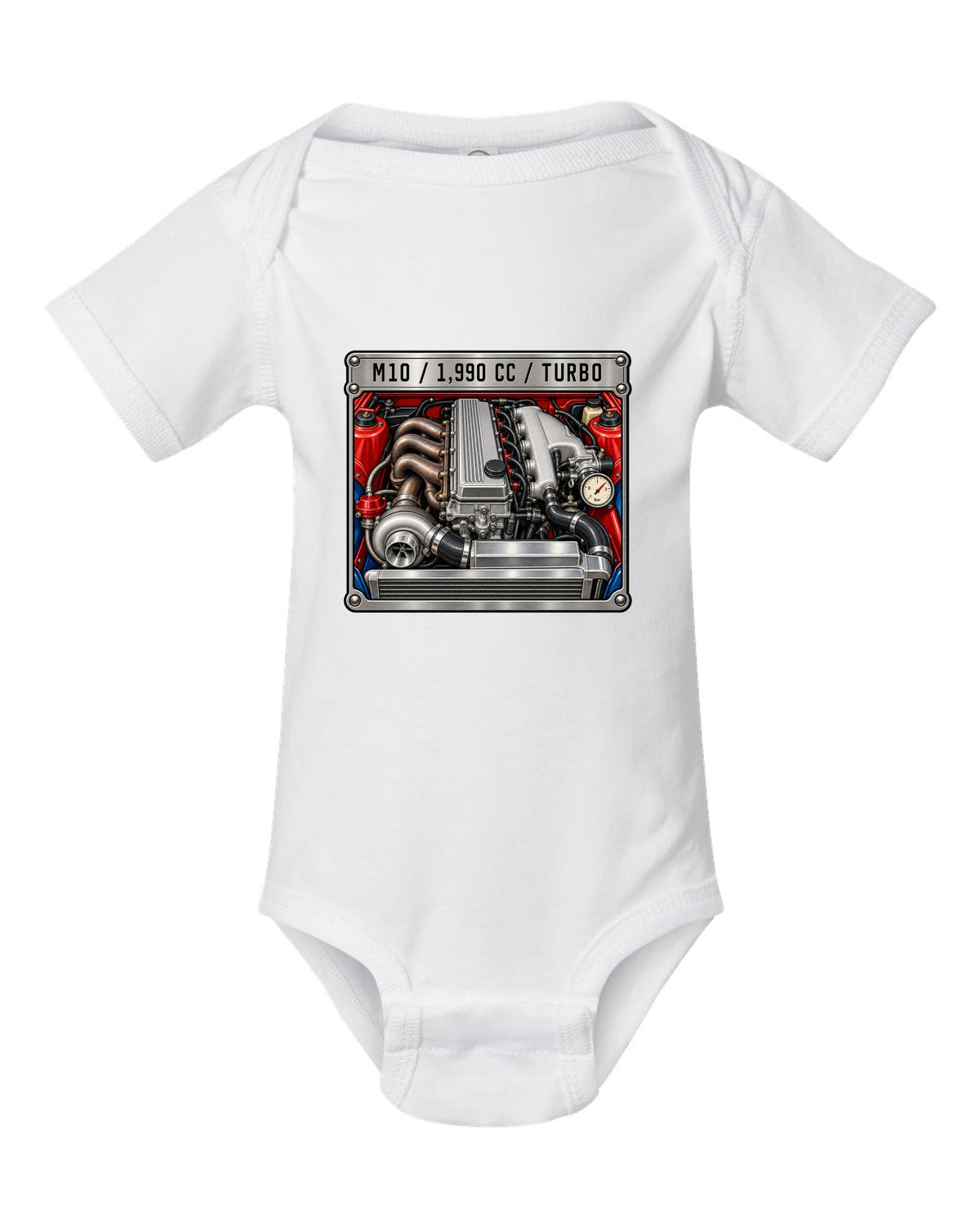 BMW 2002 turbo M10 engine spec data plate print with 1,990 cc text white baby onesie front view with the design