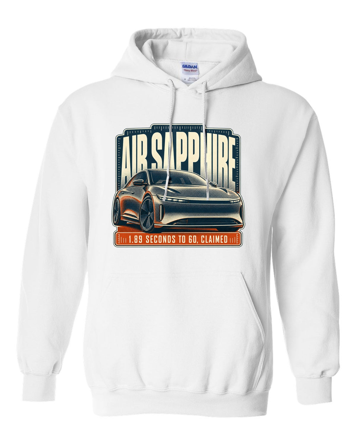 Halftone print of a Lucid Air Sapphire with 1.89 second 0-60 claim white pull over hoodie front view with the design
