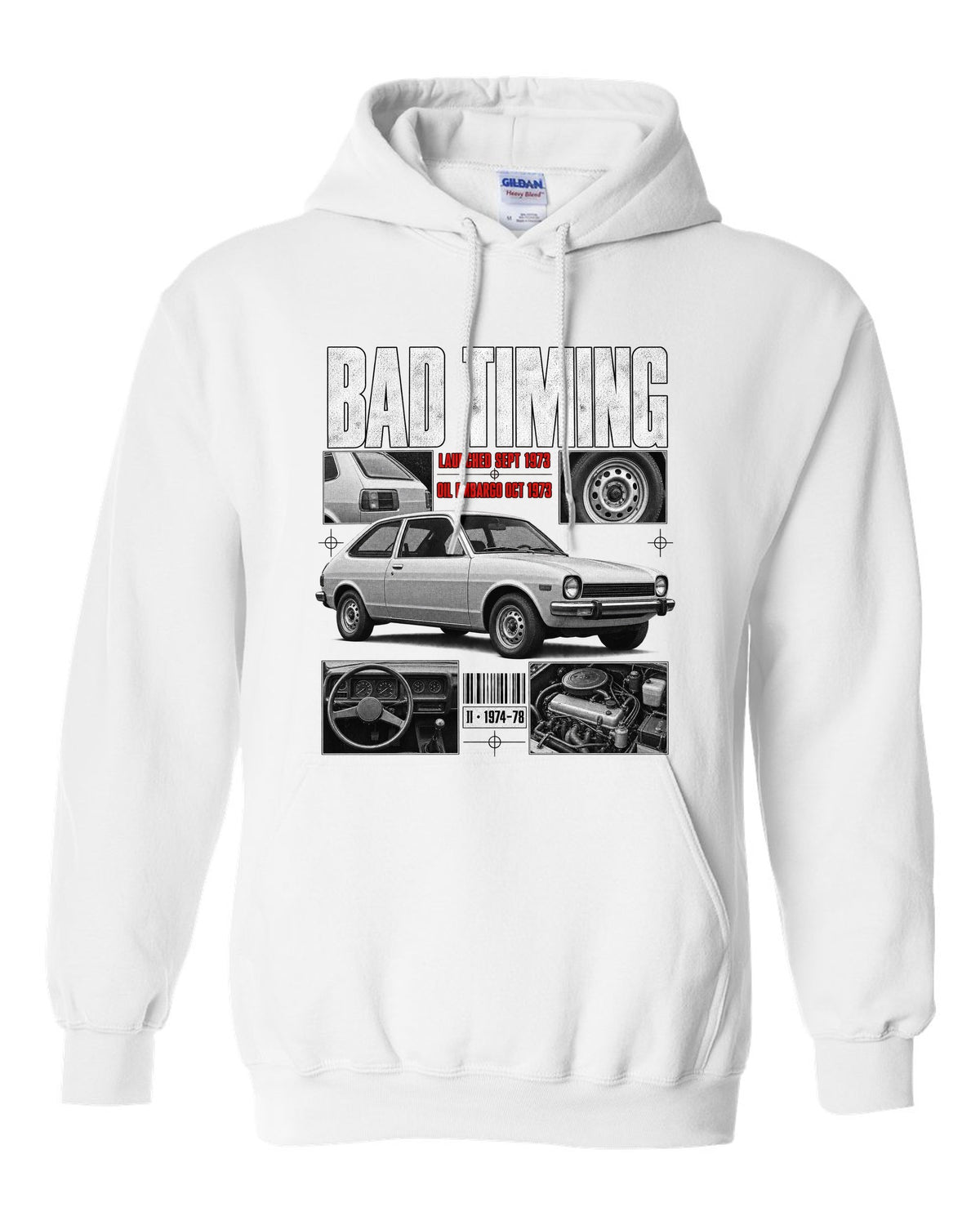 Dossier panel illustration of a 1974 Ford Mustang II chback with bad timing lettering white pull over hoodie front view with the design