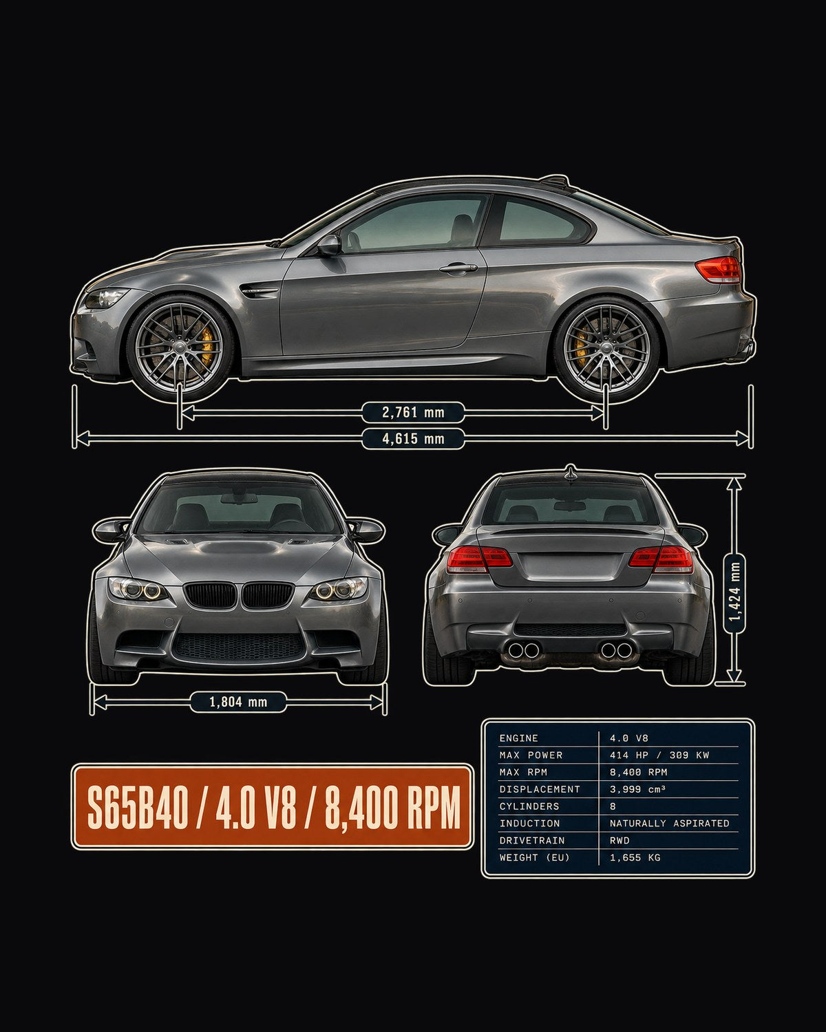 BMW M3 E92 V8 Three-View Spec Table Tee design only