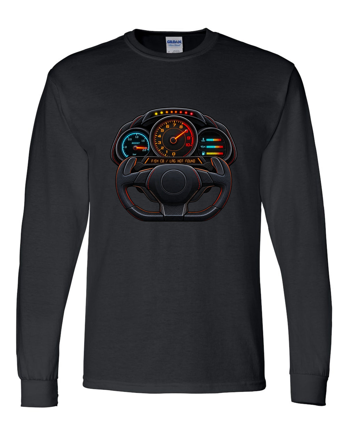 Ferrari 488 GTB boost gauge cockpit print with F154 CB engine code black long sleeve front view with the design