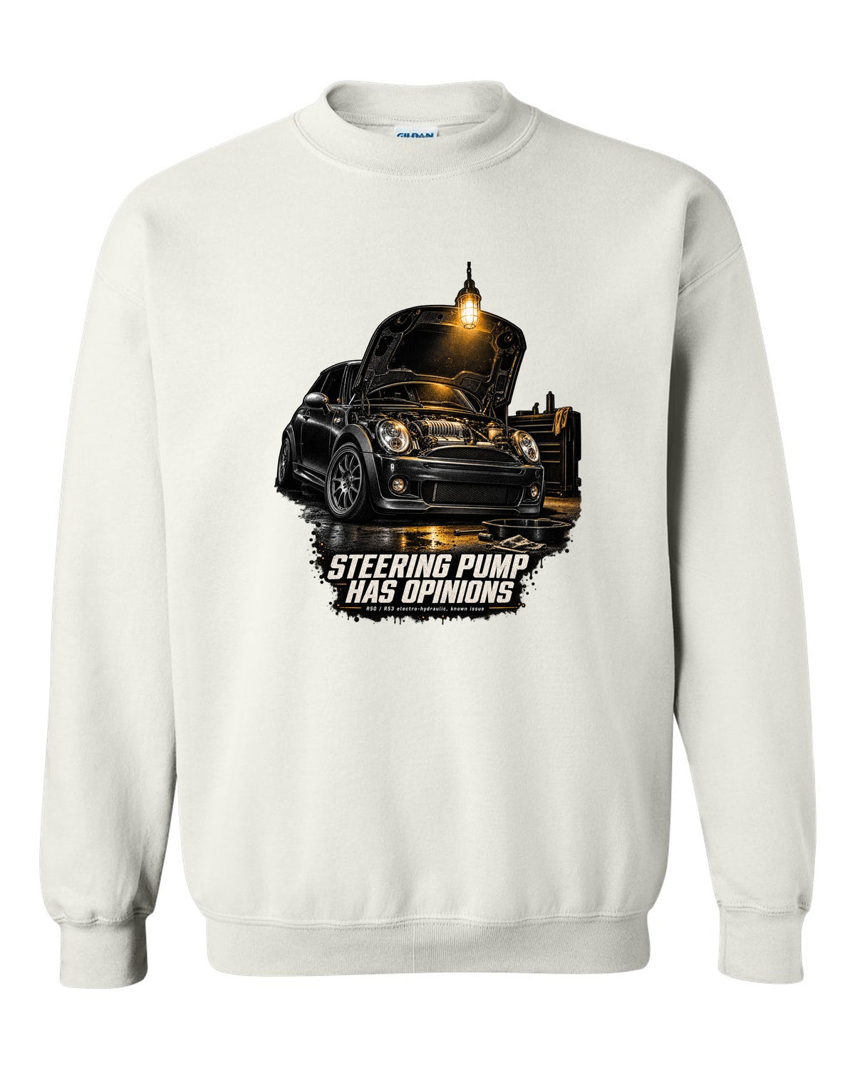 Mini Cooper S R53 garage night print with bonnet open and steering pump text white crewneck front view with the design