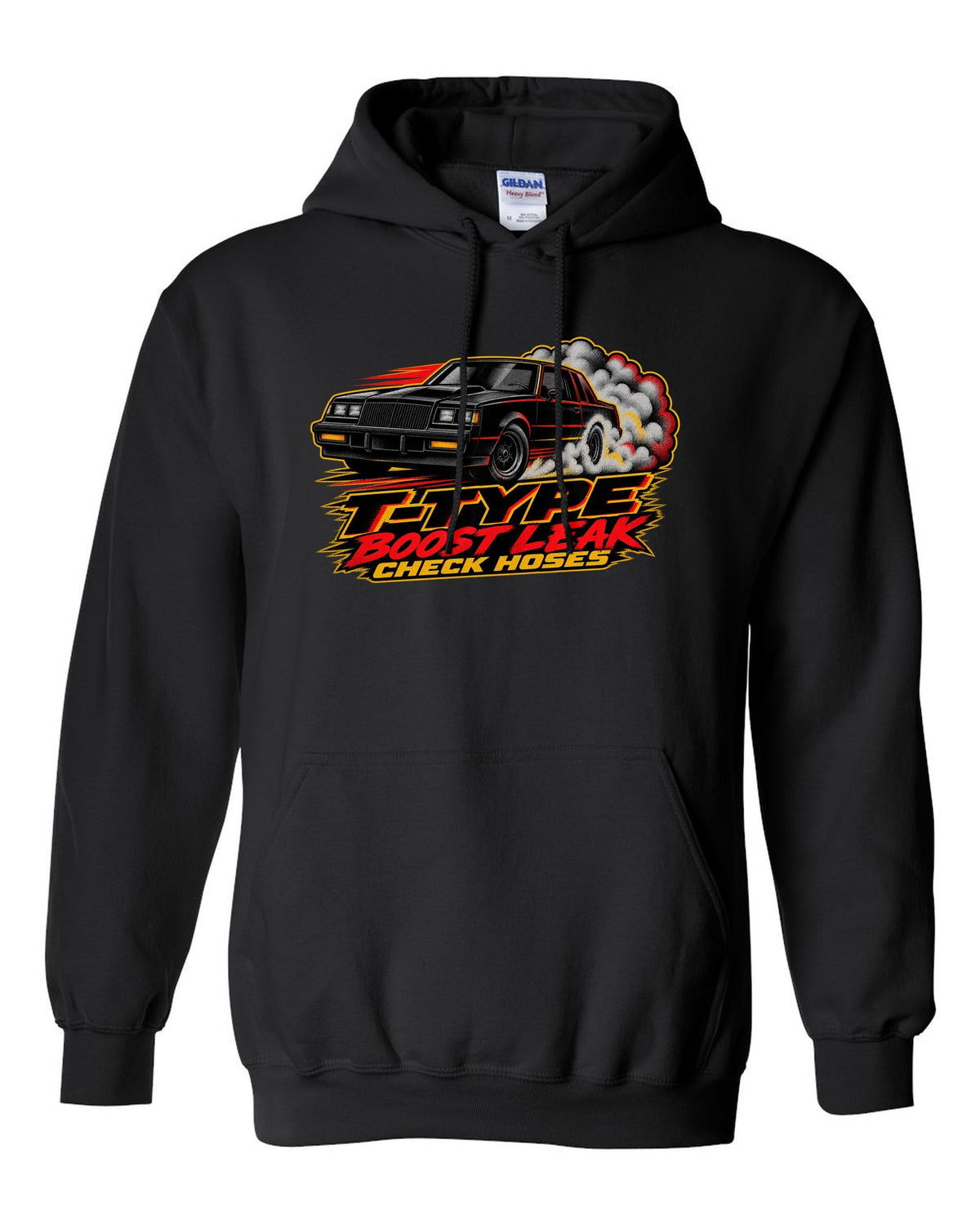 1986 Buick Regal T-Type G-body burnout in halftone screenprint style black pull over hoodie front view with the design