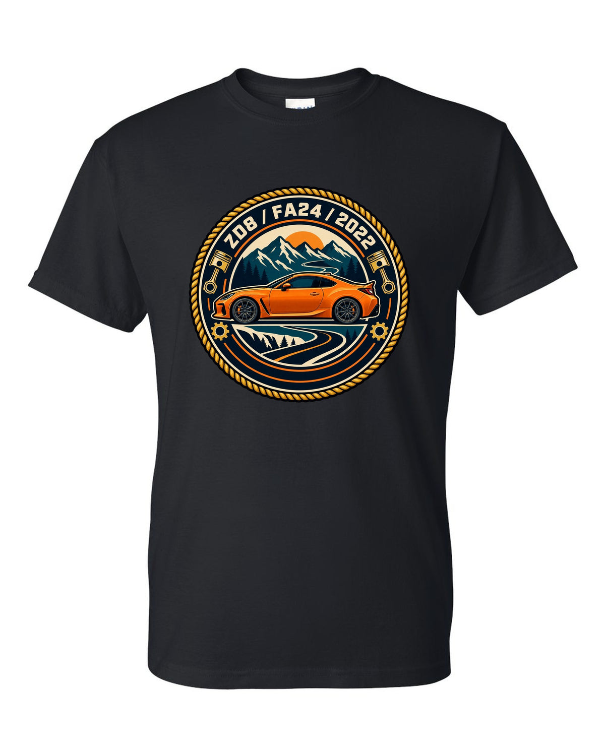 Subaru BRZ ZC6 tS in pastel vaporwave style, ZC6 / FA20 black t-shirt front view with the design
