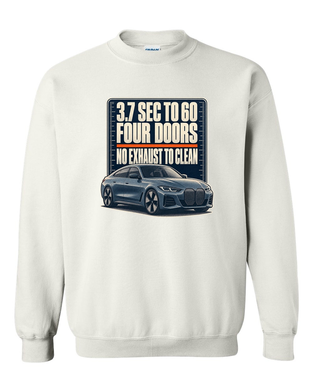 Halftone print of the BMW i4 M50 G26 with 3.7 second 0-60 time white crewneck front view with the design
