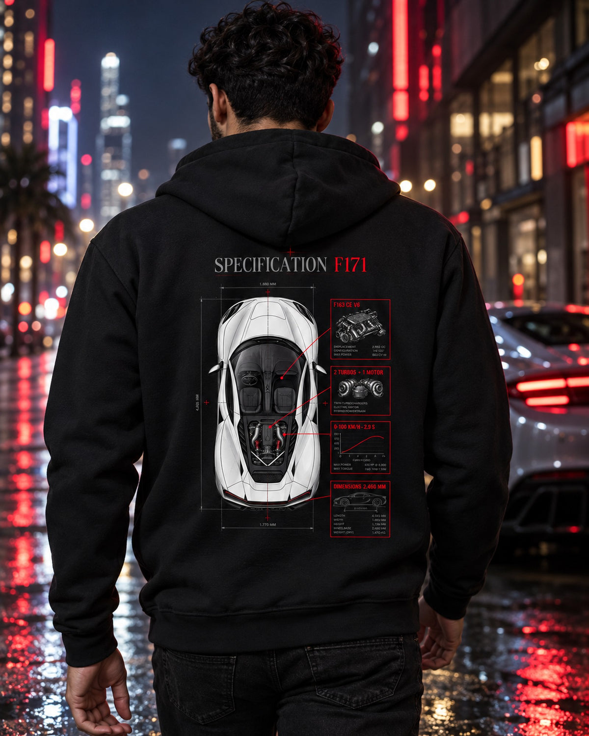 Ferrari 296 GTB F171 Top-Down Spec Poster Shirt Zip Hoodie Black worn hero