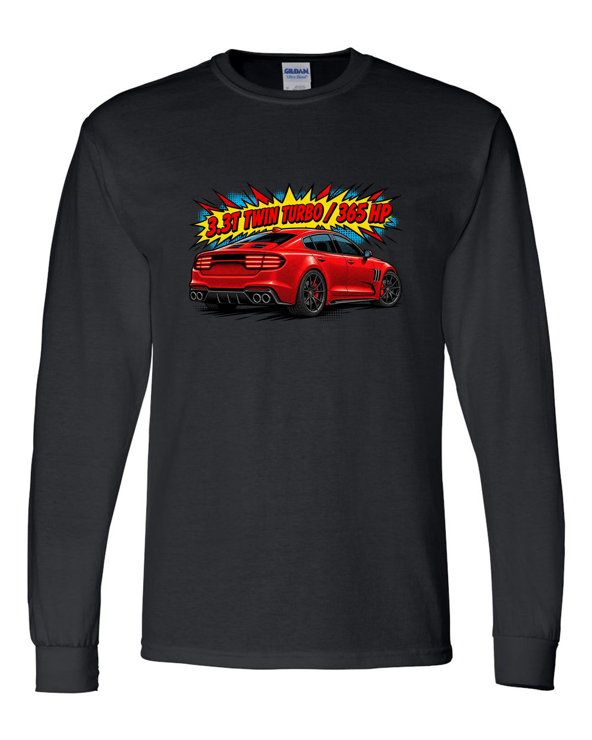 Comic halftone print of a Kia Stinger GT CK rear with 3.3T twin turbo 365 HP text black long sleeve front view with the design