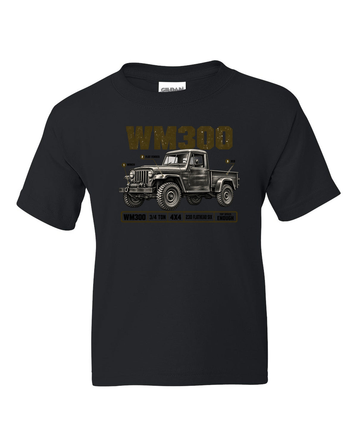Spec poster print of a 1960-1971 Dodge Power Wagon WM300 flat fender truck black kids tee front view with the design