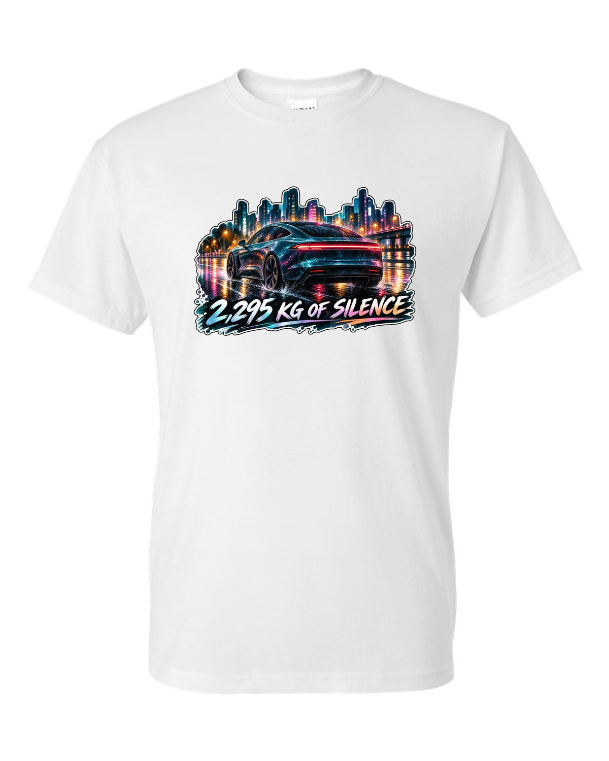 Porsche Taycan Turbo S 9J1 watercolor wet road night print with the text 2,295 kg of silence white t-shirt front view with the design