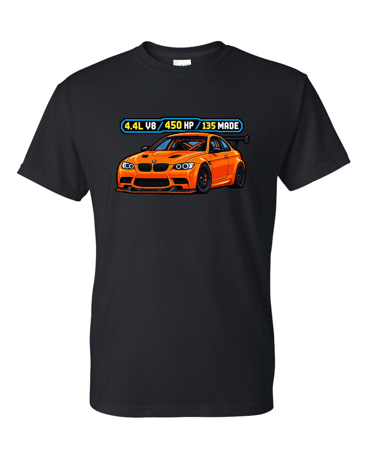 Pixel art print of an orange BMW E92 M3 GTS with 4.4L V8, 450 HP and 135 made text black t-shirt front view with the design