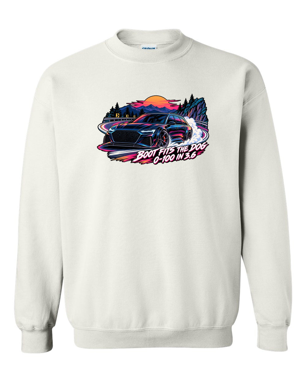 Cel-shaded anime night touge design of the Audi RS6 Avant C8 with boot fits the dog lettering white crewneck front view with the design