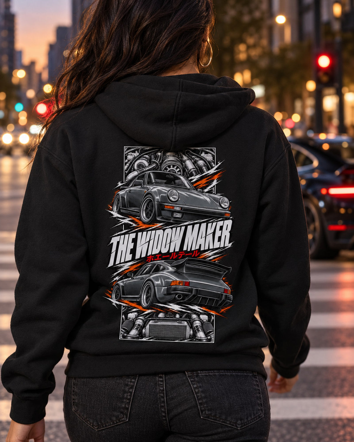 Porsche 930 Turbo Torn Poster Full-Back Graphic Tee Zip Hoodie Black worn hero