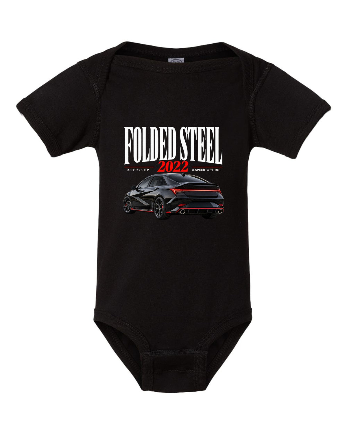 Hyundai Elantra N CN7 editorial headline design with folded steel light bar black baby onesie front view with the design