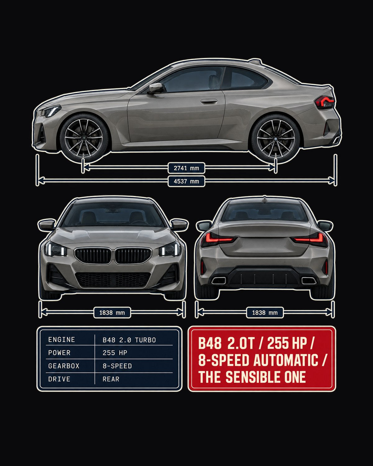 BMW 230i G42 Three-View Spec Table Tee, Car Shirt design only
