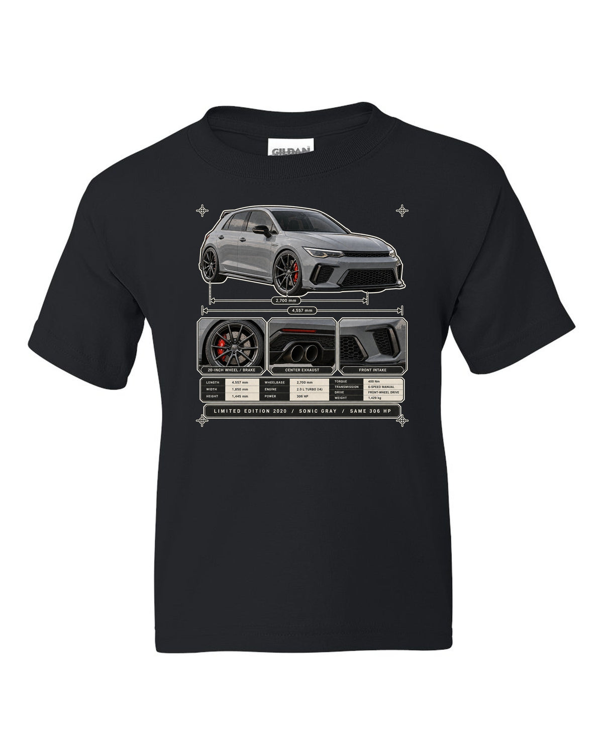 Dossier panel print of a Sonic Gray Pearl Honda Civic Type R FK8 Limited Edition black kids tee front view with the design