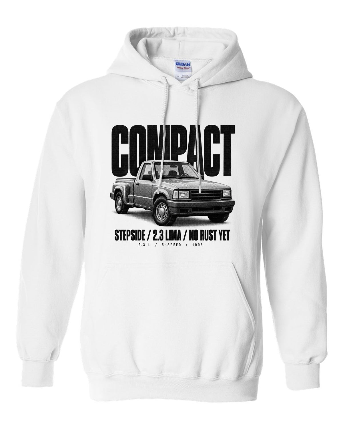 Ford Ranger 1995 stepside halftone print with compact, 2.3 Lima, no rust yet text white pull over hoodie front view with the design