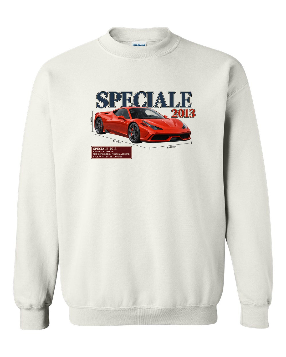 Archive panel print of the Ferrari 458 Speciale in red-orange white crewneck front view with the design