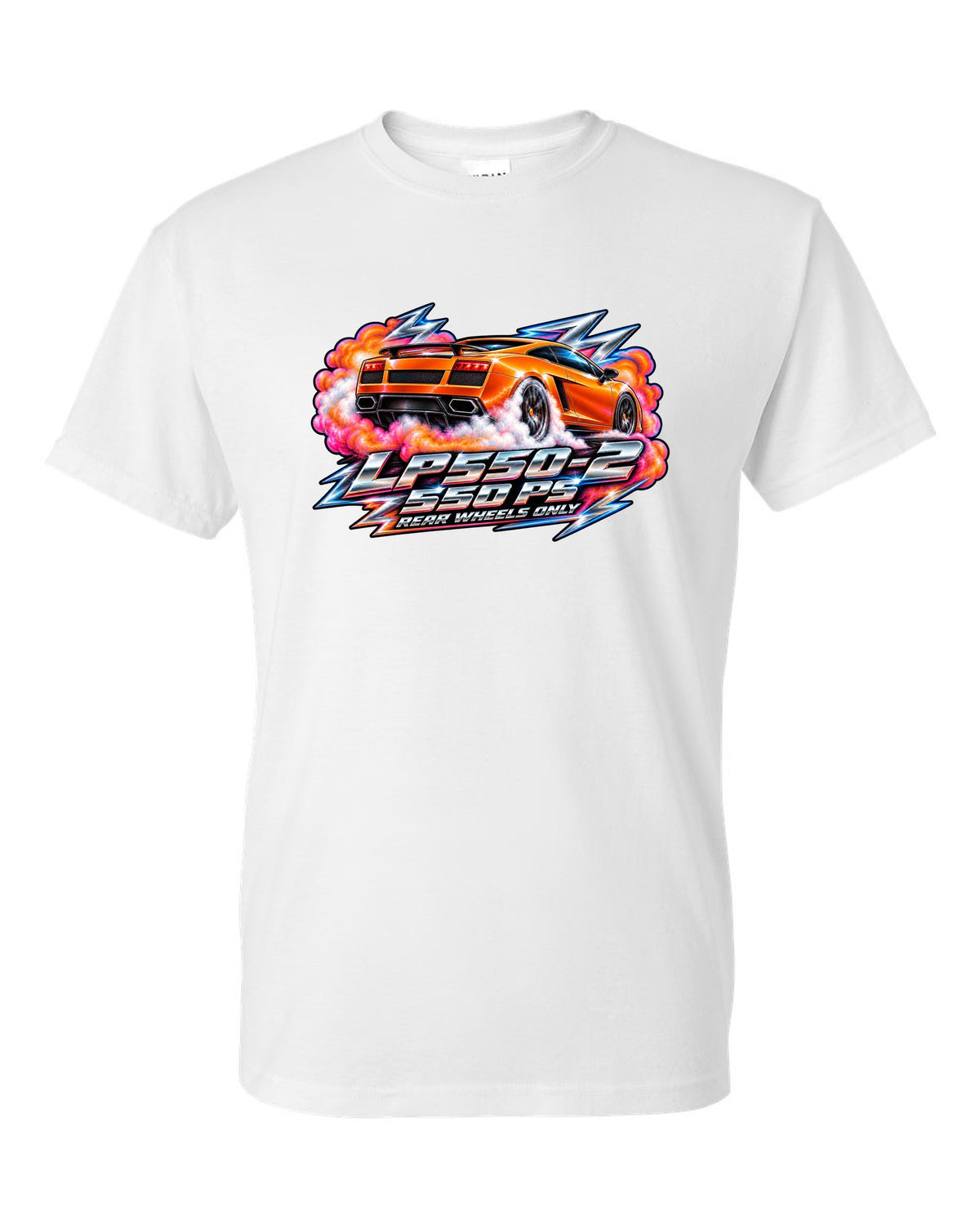 80s airbrush chrome design of a Lamborghini Gallardo LP550-2 with rear wheels only text white t-shirt front view with the design