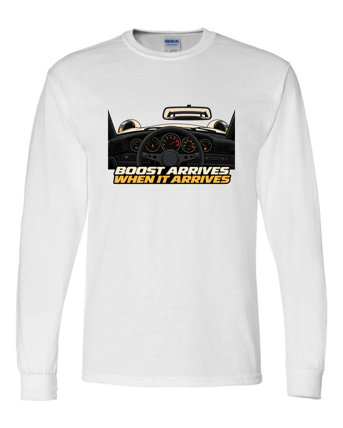 Gauge cockpit vector print of a 1993 Porsche 911 Turbo 964 with Boost Arrives When It Arrives lettering white long sleeve front view with the design