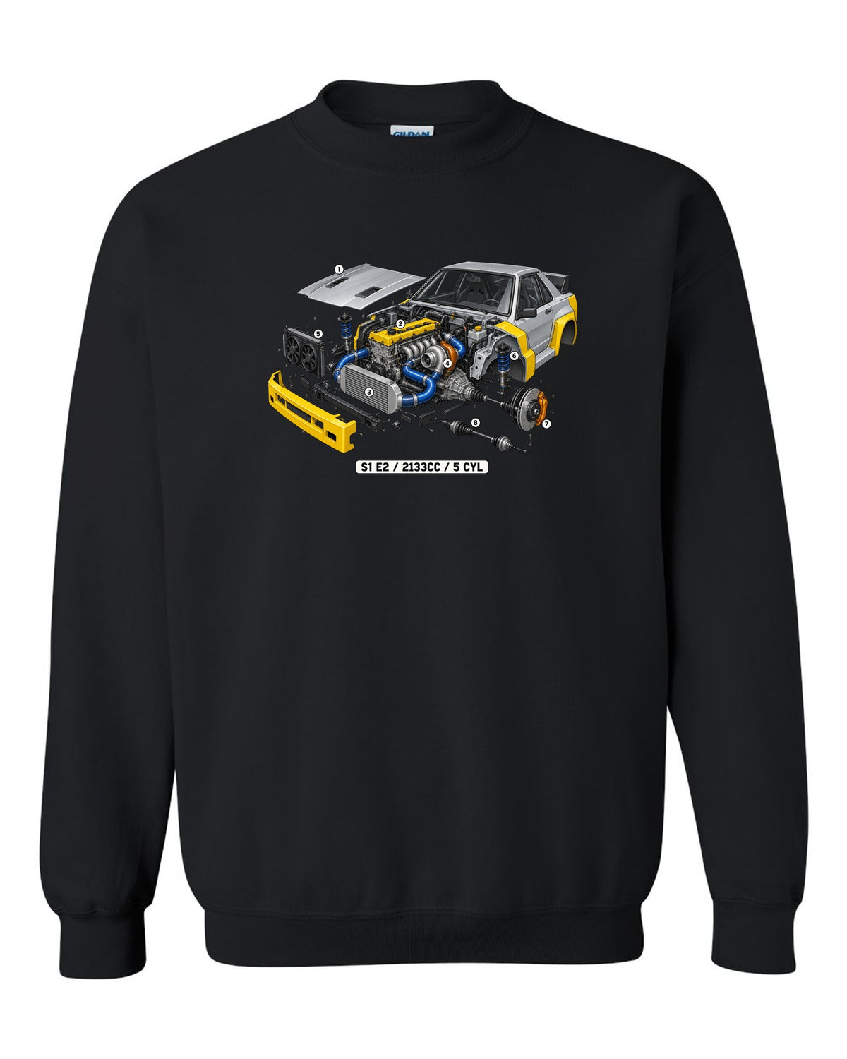 Isometric cutaway of the Audi S1 E2 five-cylinder engine, 2133cc black crewneck front view with the design
