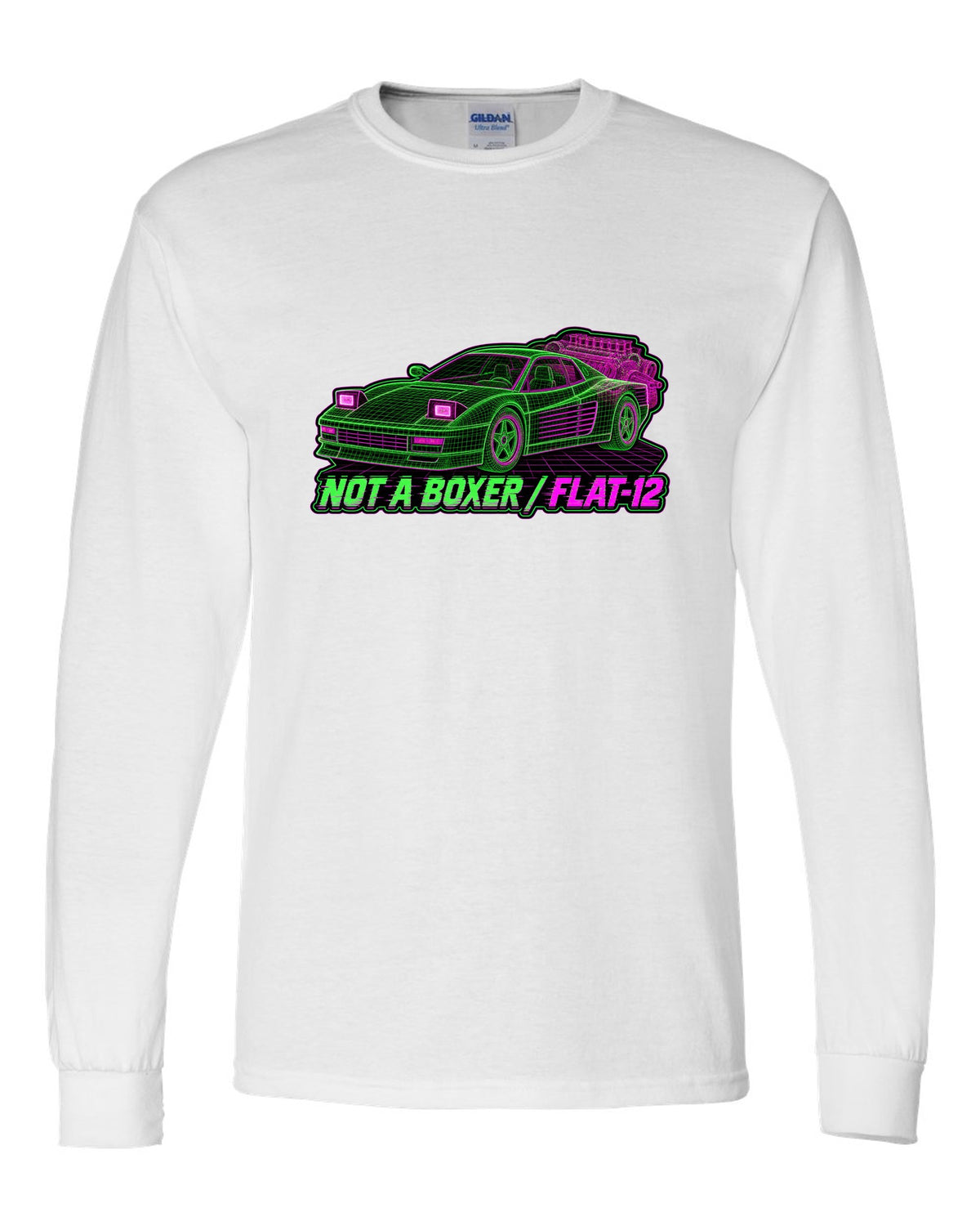 Wireframe mesh print of the Ferrari Testarossa F110 with the text not a boxer, flat-12 white long sleeve front view with the design