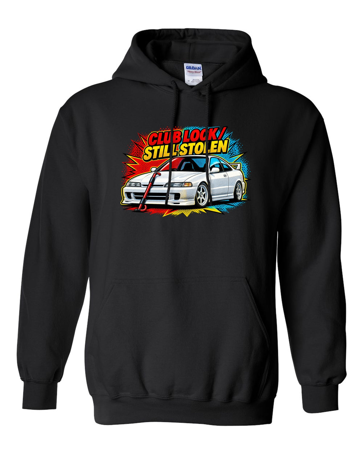 Pop-art halftone split of a 1995 Honda Integra DC2 coupe with Club Lock Still Stolen lettering black pull over hoodie front view with the design