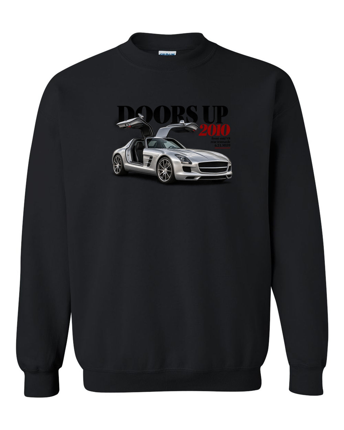 Editorial print of a Mercedes SLS AMG C197 with gullwing doors raised and Doors Up 2010 lettering black crewneck front view with the design