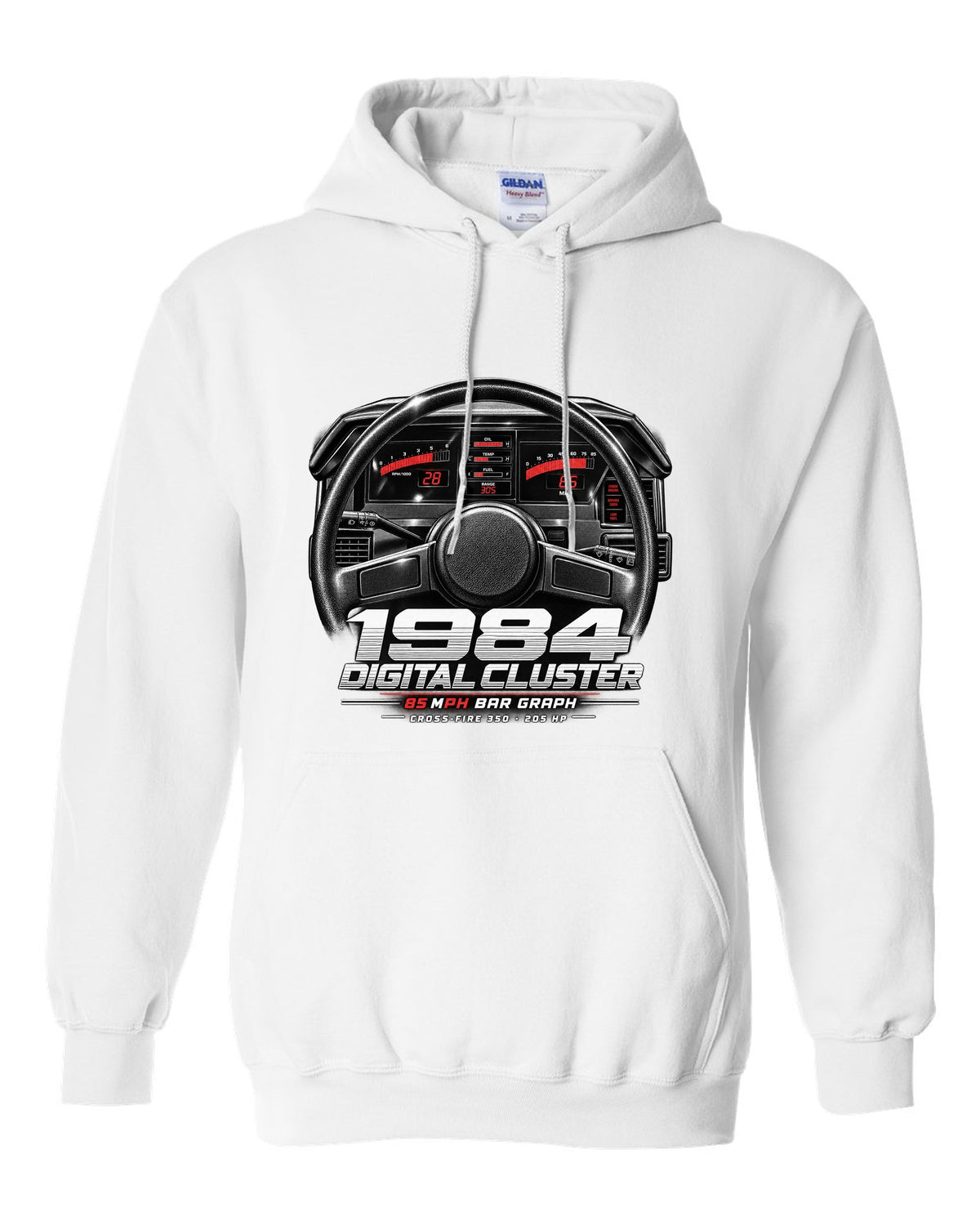 Chevrolet Corvette C4 1984 digital dash cluster cockpit print white pull over hoodie front view with the design