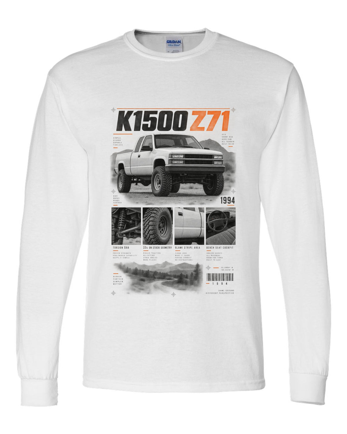 GMT400 K1500 Z71 OBS dossier panel print white long sleeve front view with the design