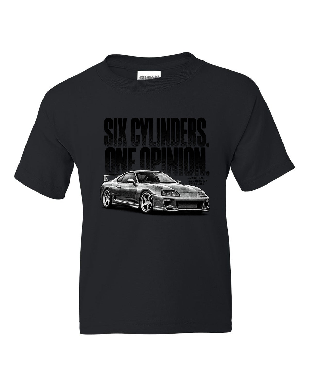 Halftone print of a Toyota Supra A80 JZA80 profile with the text Six Cylinders One Opinion black kids tee front view with the design